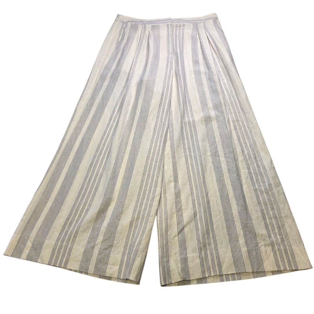 Worthington Women's Striped Cropped Wide Leg Pants 12 Linen Blend Coastal Resort